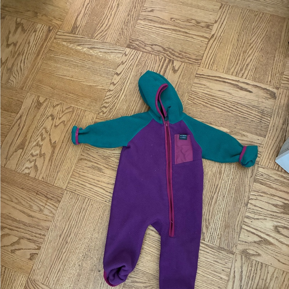 L.L. Bean Purple and Green One Piece Footies with Cozy Hood - EUC